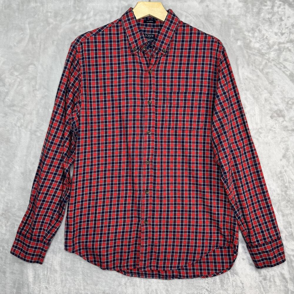 J.Crew Shirt Mens Medium Red Navy Plaid Brushed Twill Button Down Long Sleeve
